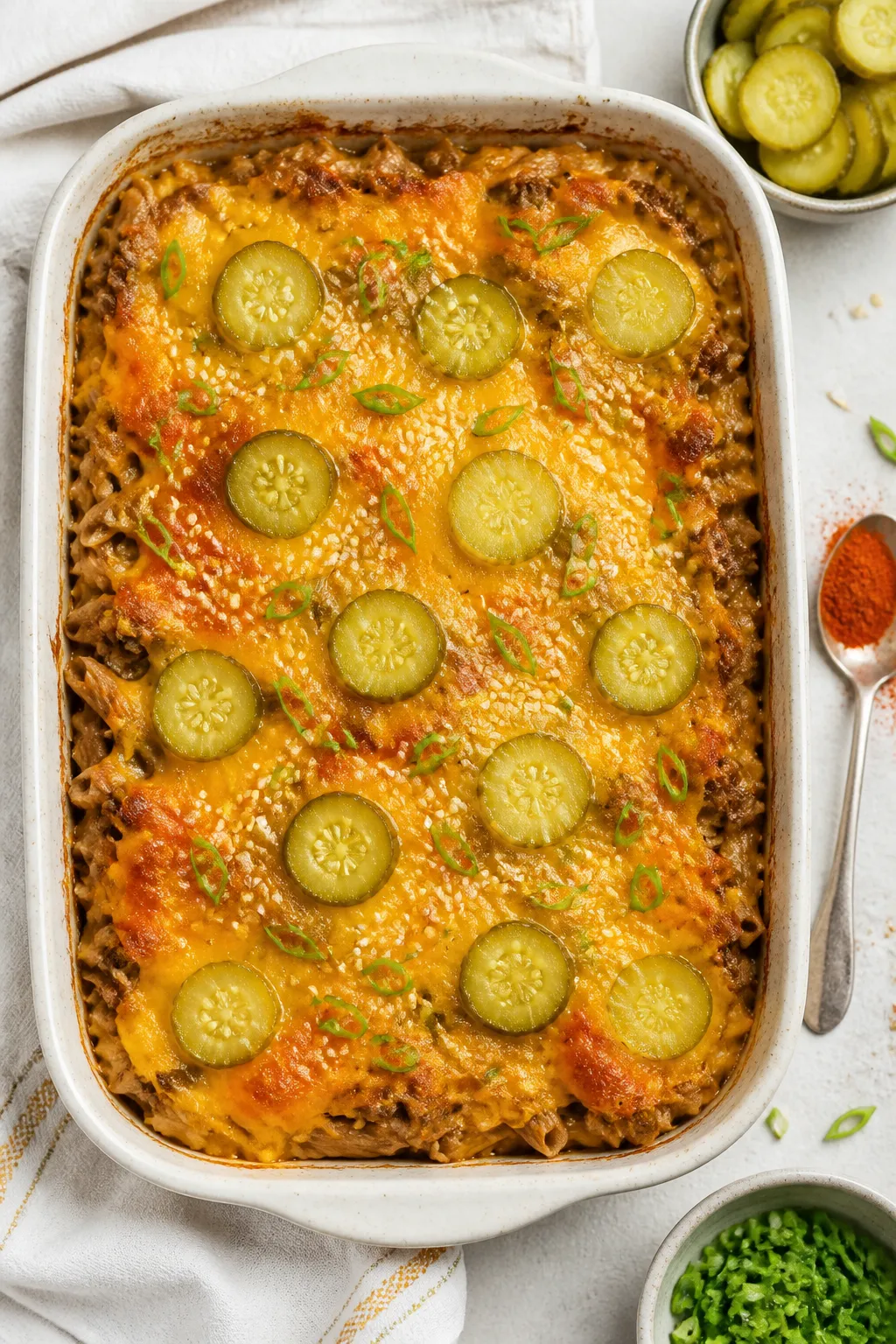 Overhead “tasty top view” of the assembled cheeseburger casserole just out of the oven in a 9x13