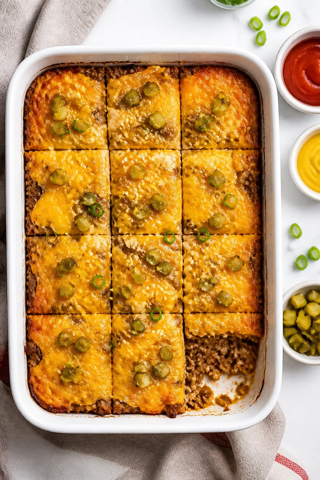 Overhead ātasty top viewā of the baked Low Carb High Protein Cheeseburger Casserole in a 9x13 di