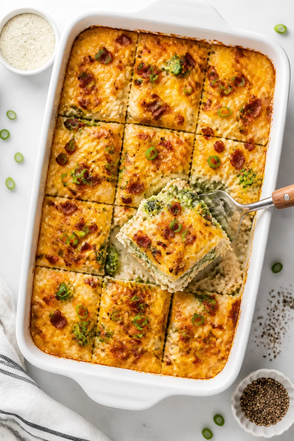 Overhead, tasty top-view shot of the casserole portioned into neat squares in a 9x13 white baking di