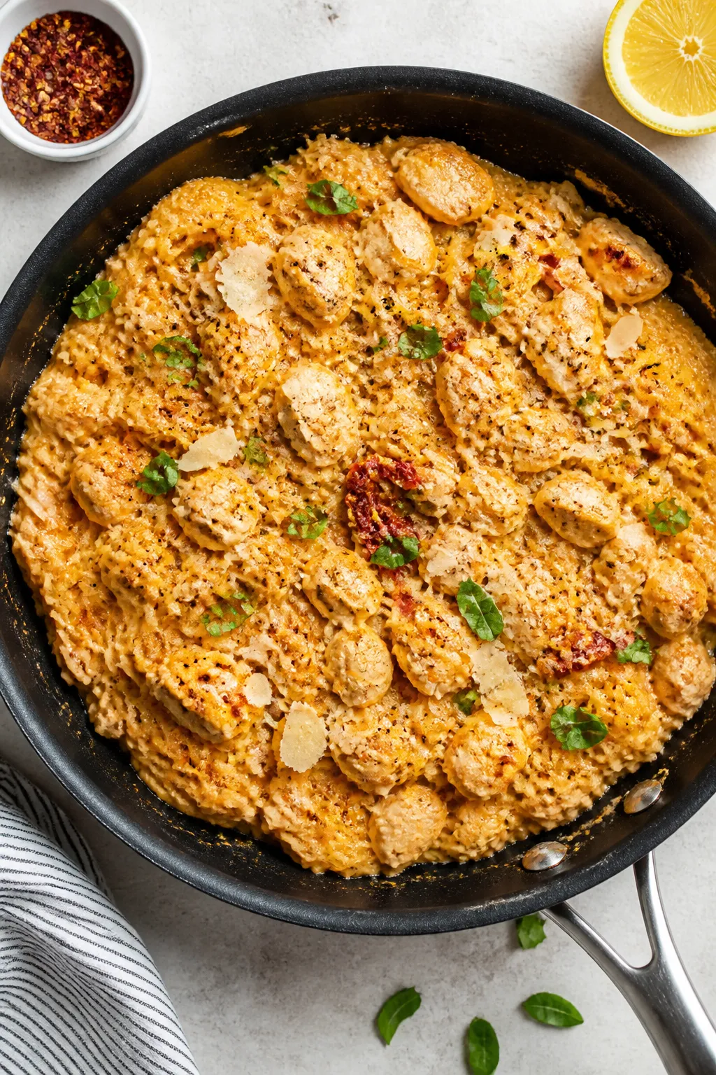 Overhead tasty top view: Skillet-tossed spaghetti squash strands fully coated in the creamy sun-drie