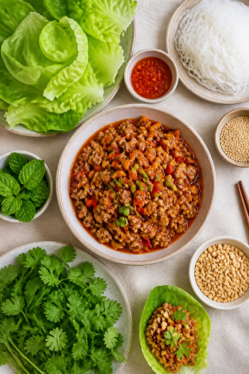 Overhead âtasty top viewâ spread: A top-down scene of a DIY lettuce wrap setupâneatly stacked