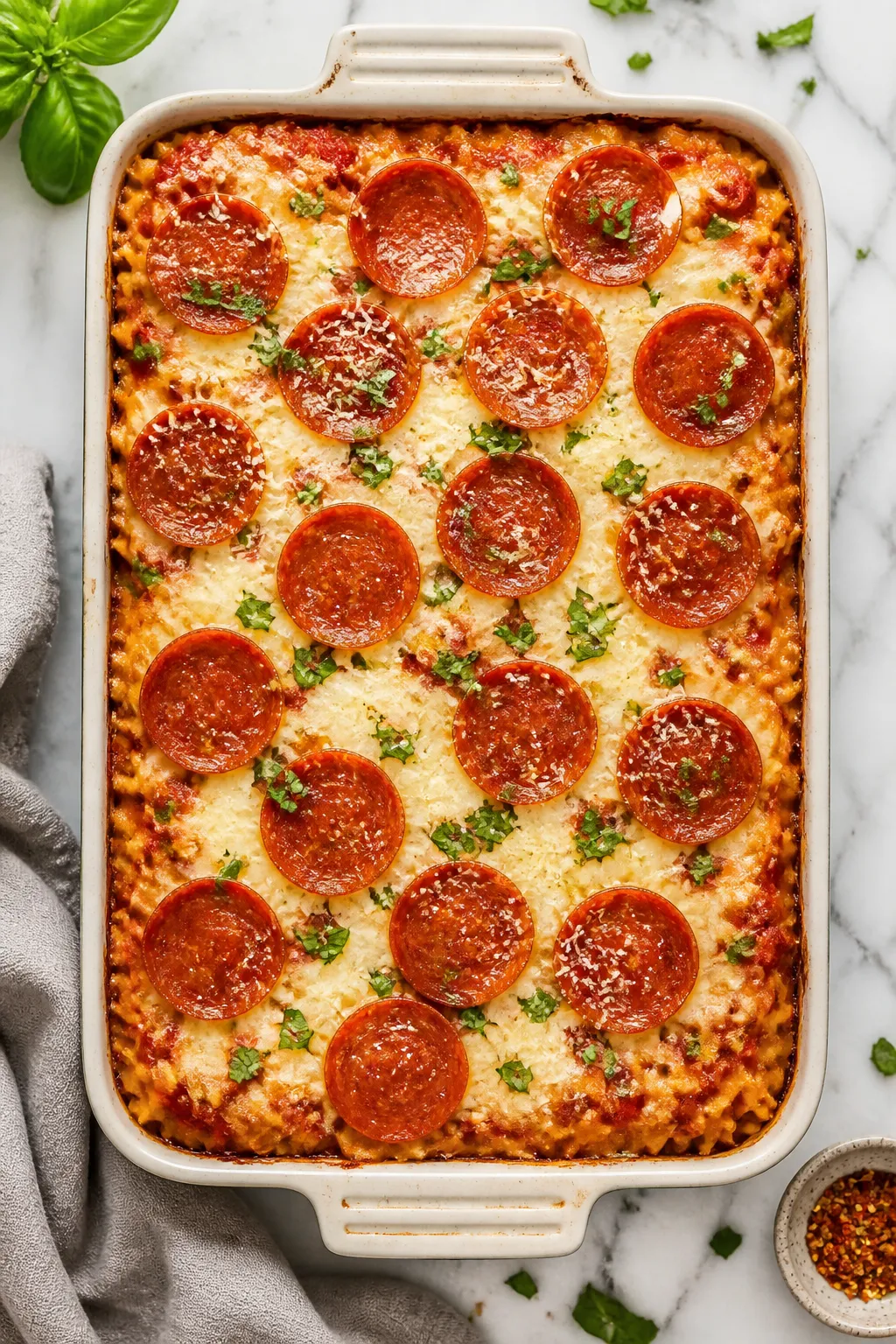 Overhead tasty top view: The fully baked Chicken Pizza Casserole in a 9x13 pan, pepperoni arranged i