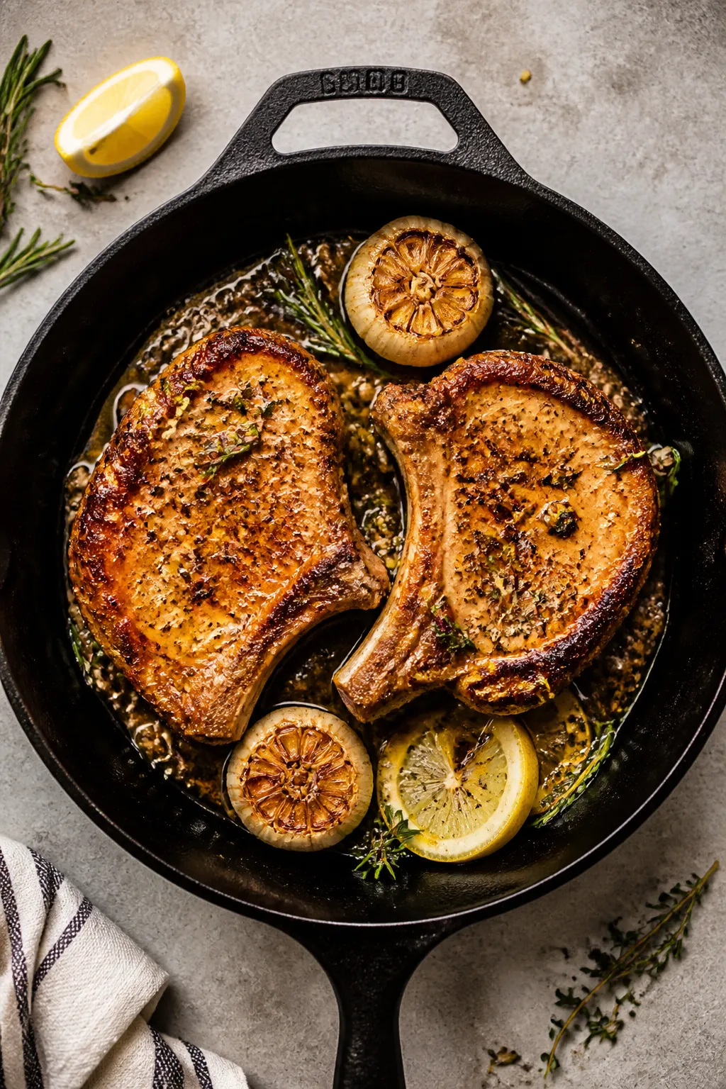 Overhead tasty top view: Two bone-in garlic butter pork chops in skillet post-cook, bathed in glossy