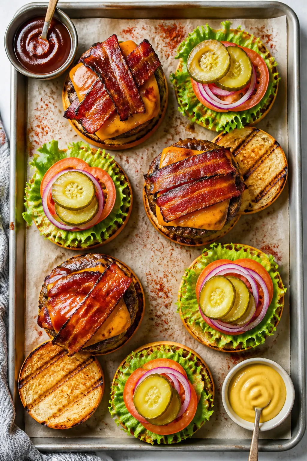 Overhead top-down assembly scene: Tasty top view of several assembled BBQ bacon burgers on a parchme