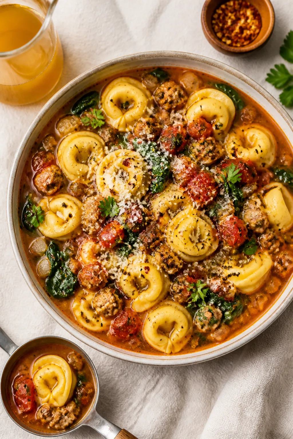 Overhead top view: Tasty top-down shot of turkey sausage tortellini soup in a large, shallow serving