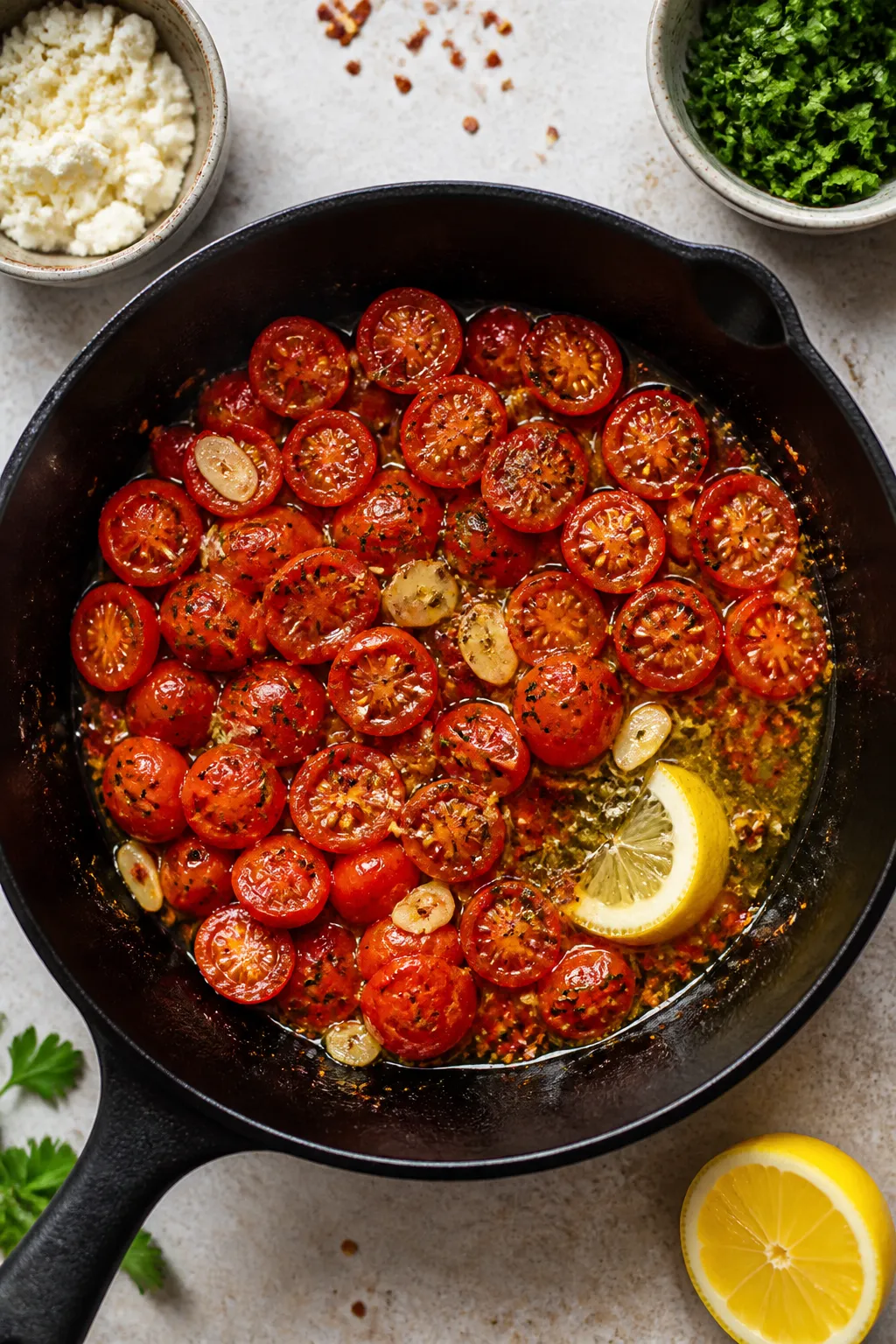 Skillet moment, mid-cook: Overhead shot of a black skillet with glistening cherry tomato halves just