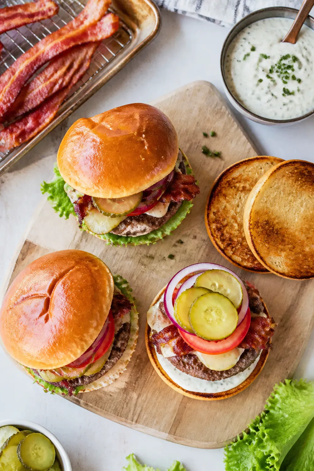 Tasty overhead assembly scene: of a small board with two fully assembled ranch bacon burgers and one