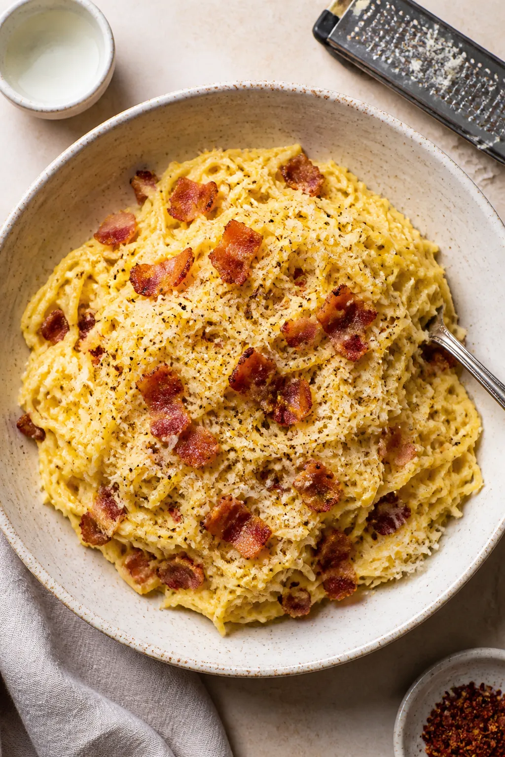 Tasty : Overhead shot of a family-style servingâlarge shallow bowl filled with spaghetti squash ca