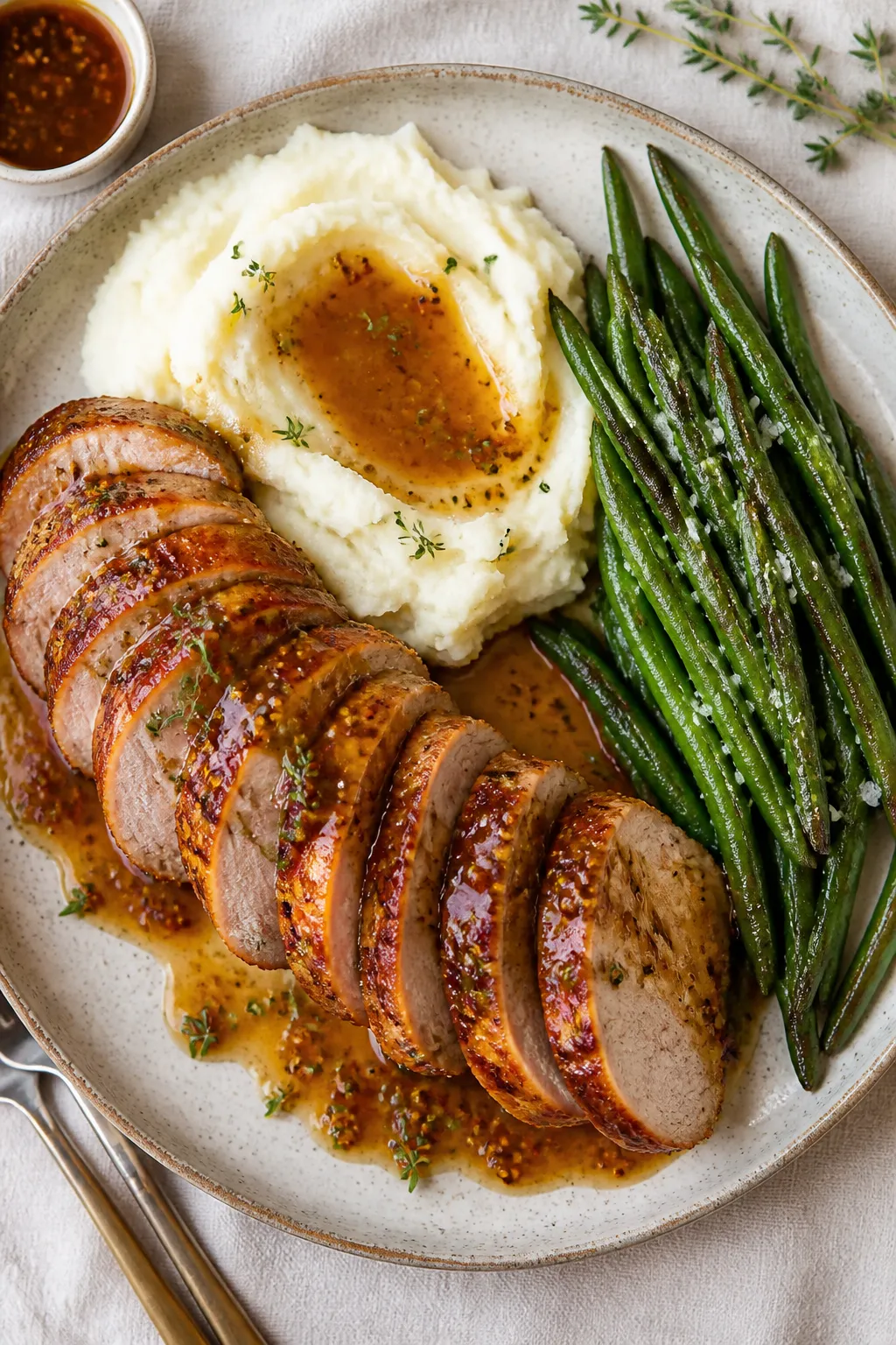 Tasty top-down shot: Overhead plating of a complete dinnerâsliced honey mustard pork tenderloin ar