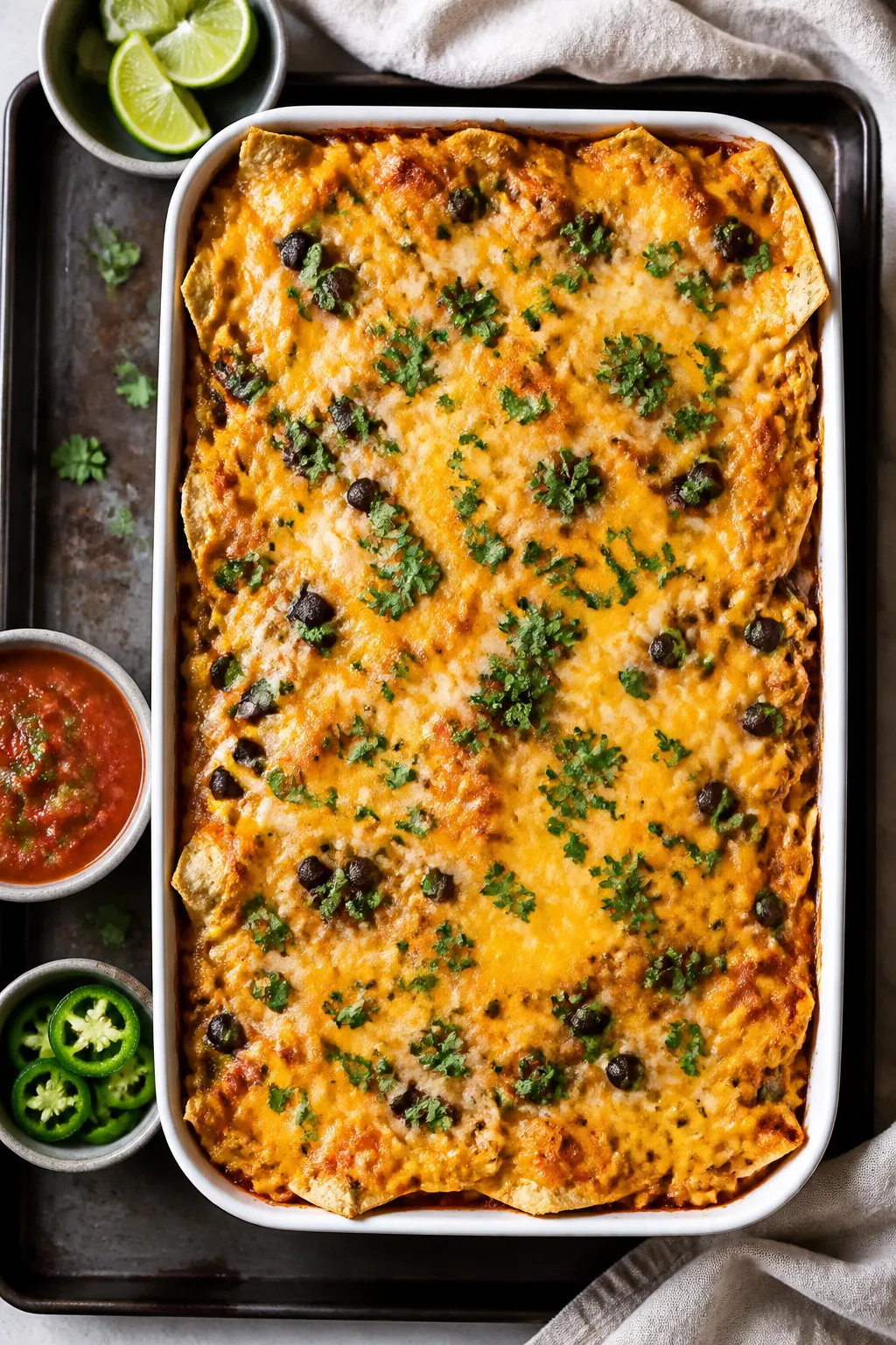 Tasty top view, assembled and baked: Overhead shot of the baked High Protein Chicken Taco Casserole