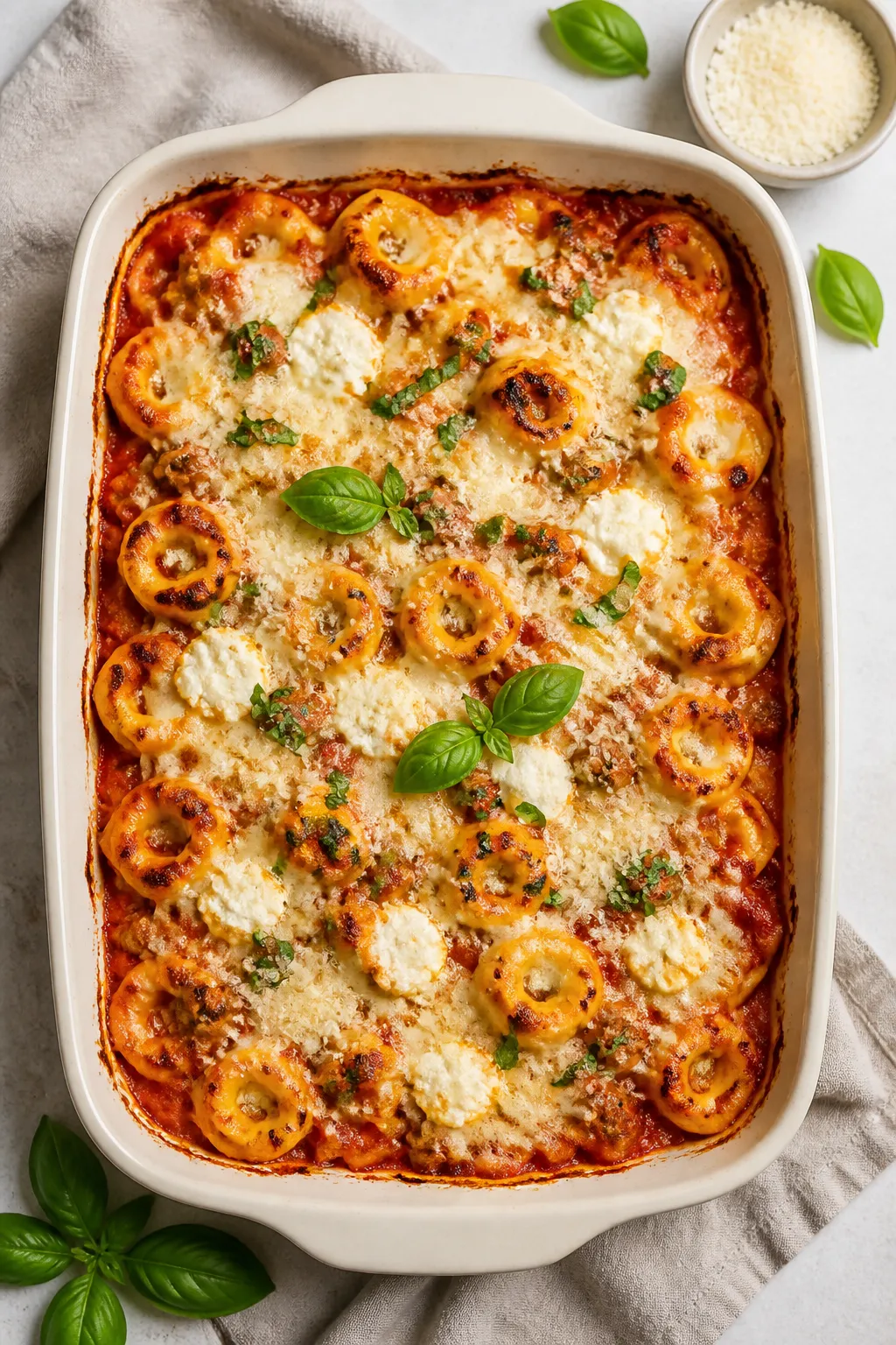 Tasty top-view bake: Overhead shot of the assembled turkey sausage tortellini bake just out of the o