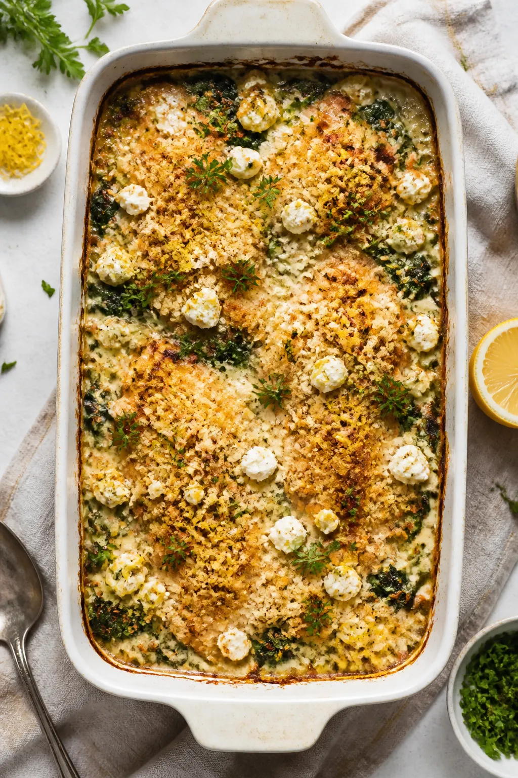 Tasty top view, casserole in pan: Overhead shot of the baked Chicken Feta Spinach Casserole in a 9x1