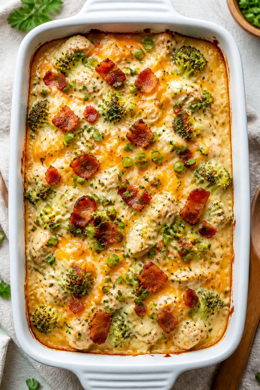 Tasty top view, casserole just baked: Overhead shot of the Chicken Bacon Ranch Casserole fresh from