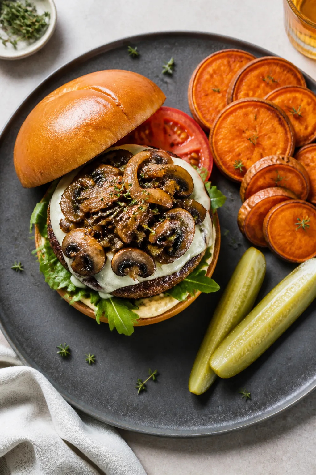 Tasty top view — final assembled burger: Overhead shot of the fully built High Protein Mushroom Sw