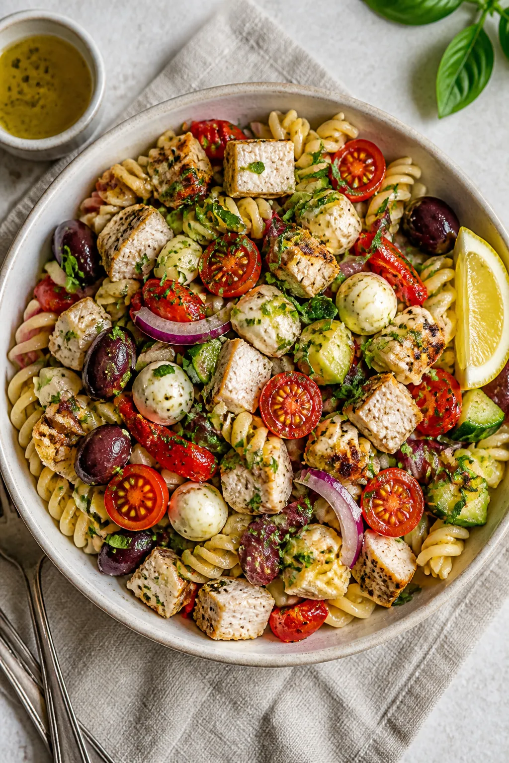 Tasty top view — Final plated bowl, ready to serve: Overhead shot of a generous serving of Mozzare