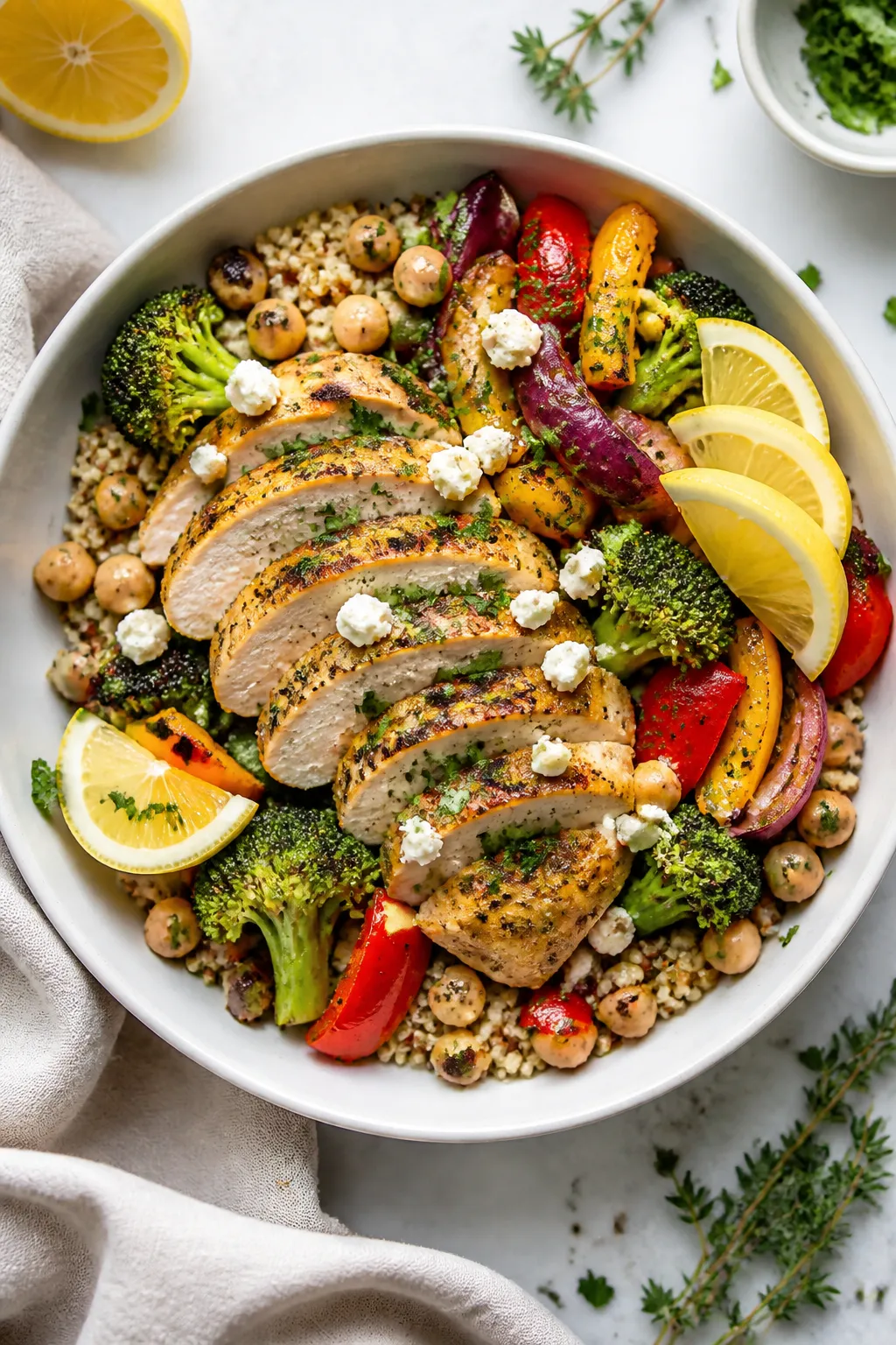 Tasty top view — Final plated Lemon Herb Chicken Protein Bowl: overhead shot of sliced lemon-herb