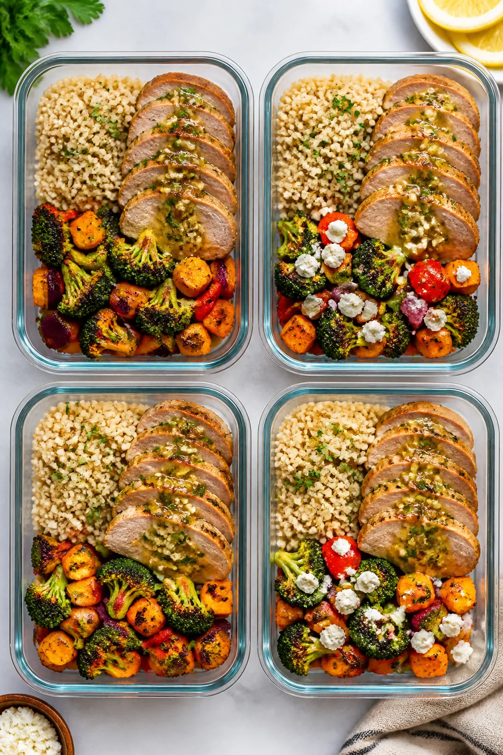 Tasty top view: Final Pork Chop Meal Prep Bowls assembledâoverhead shot of four meal-prep containe