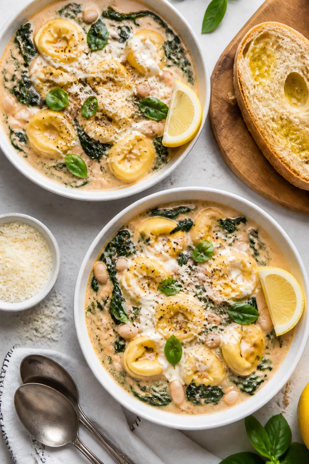 Tasty top view, final presentation: Overhead shot of two shallow white bowls of Tuscan Tortellini So