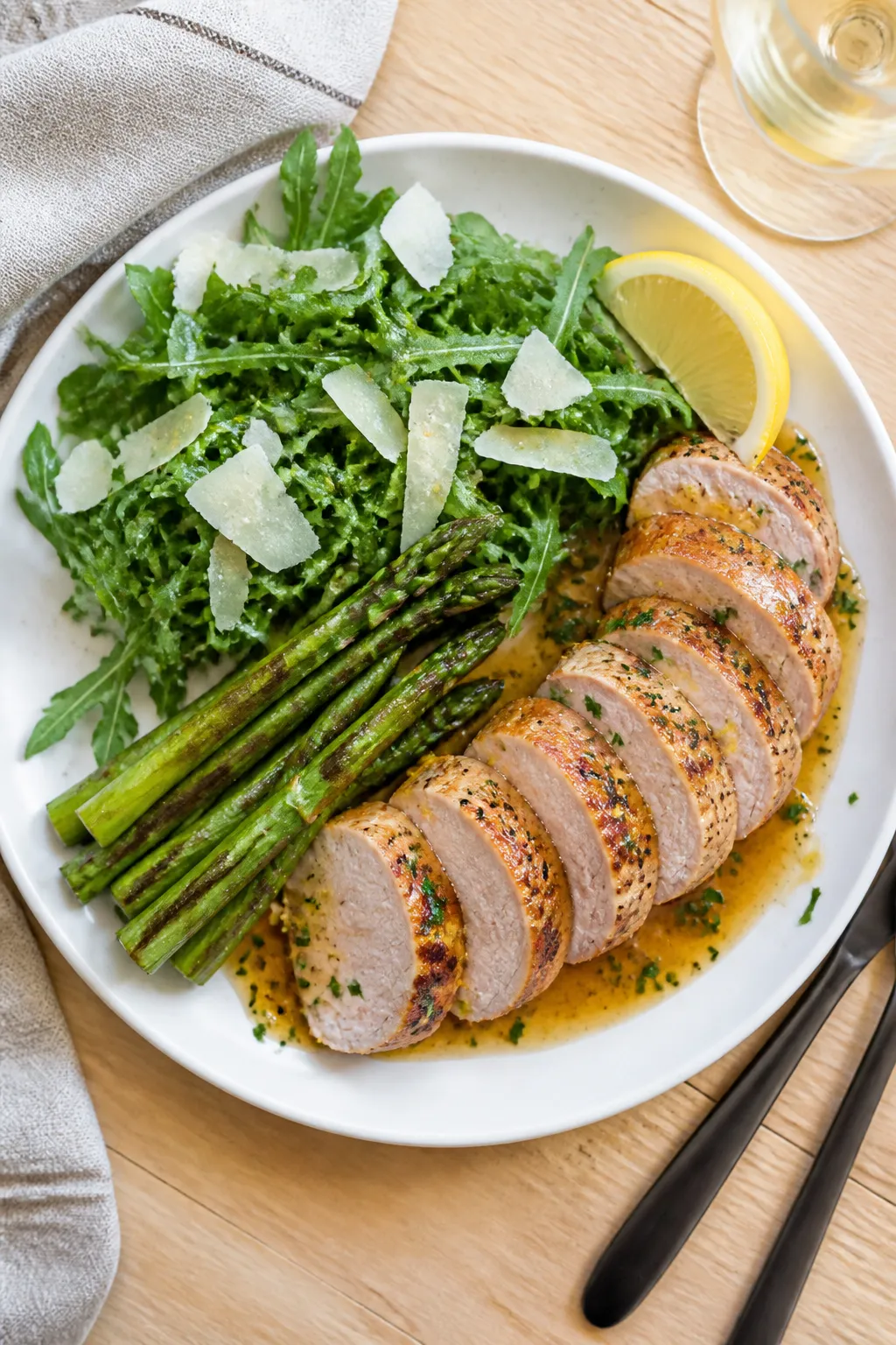 Tasty top view (final presentation): Overhead shot of pork tenderloin sliced into 1/2-inch medallion