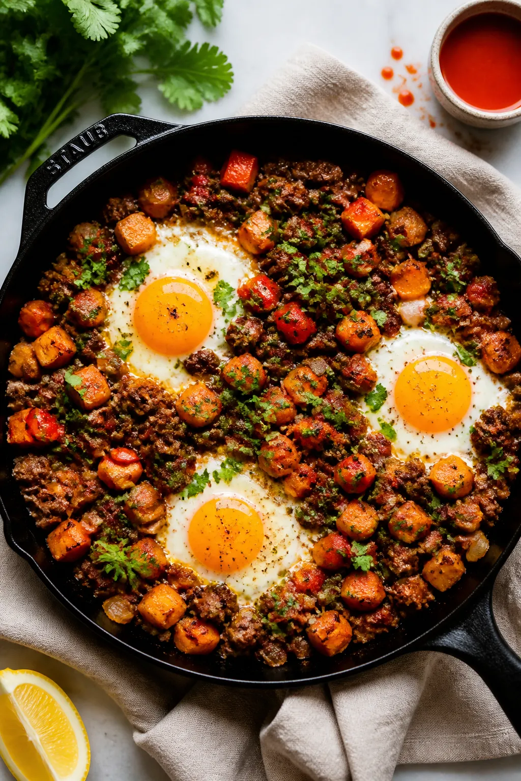 Tasty top view, final with eggs: Overhead shot of finished ground beef sweet potato hash with three 
