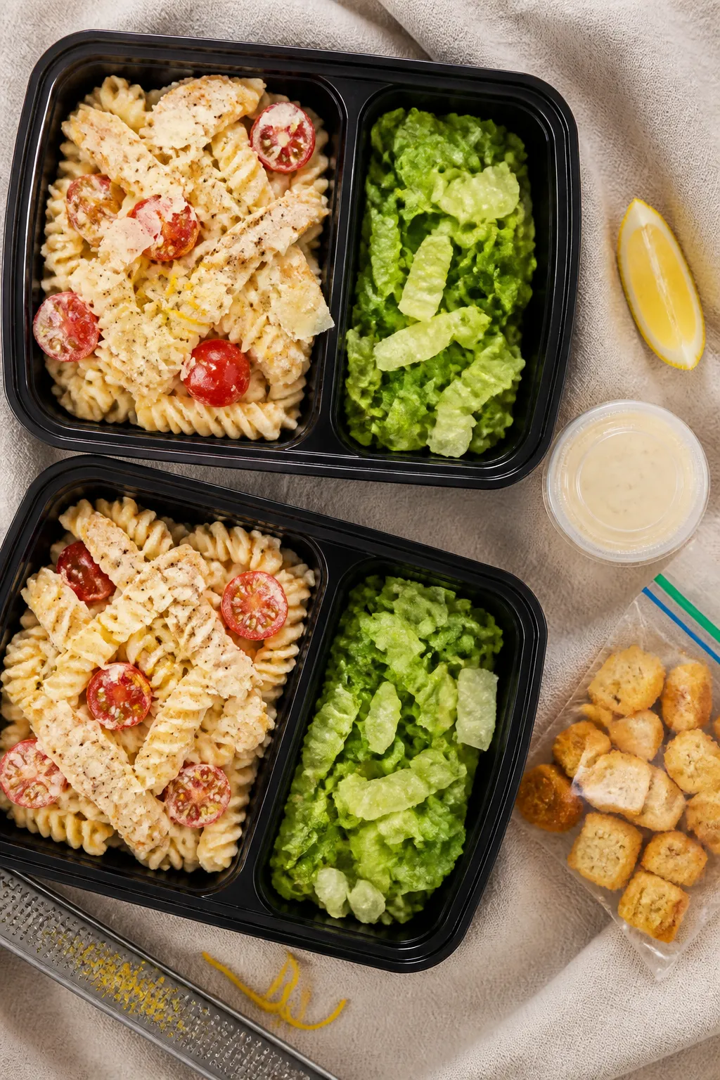 Tasty top view for meal prep: Overhead shot of divided meal prep containers filled with Chicken Caes