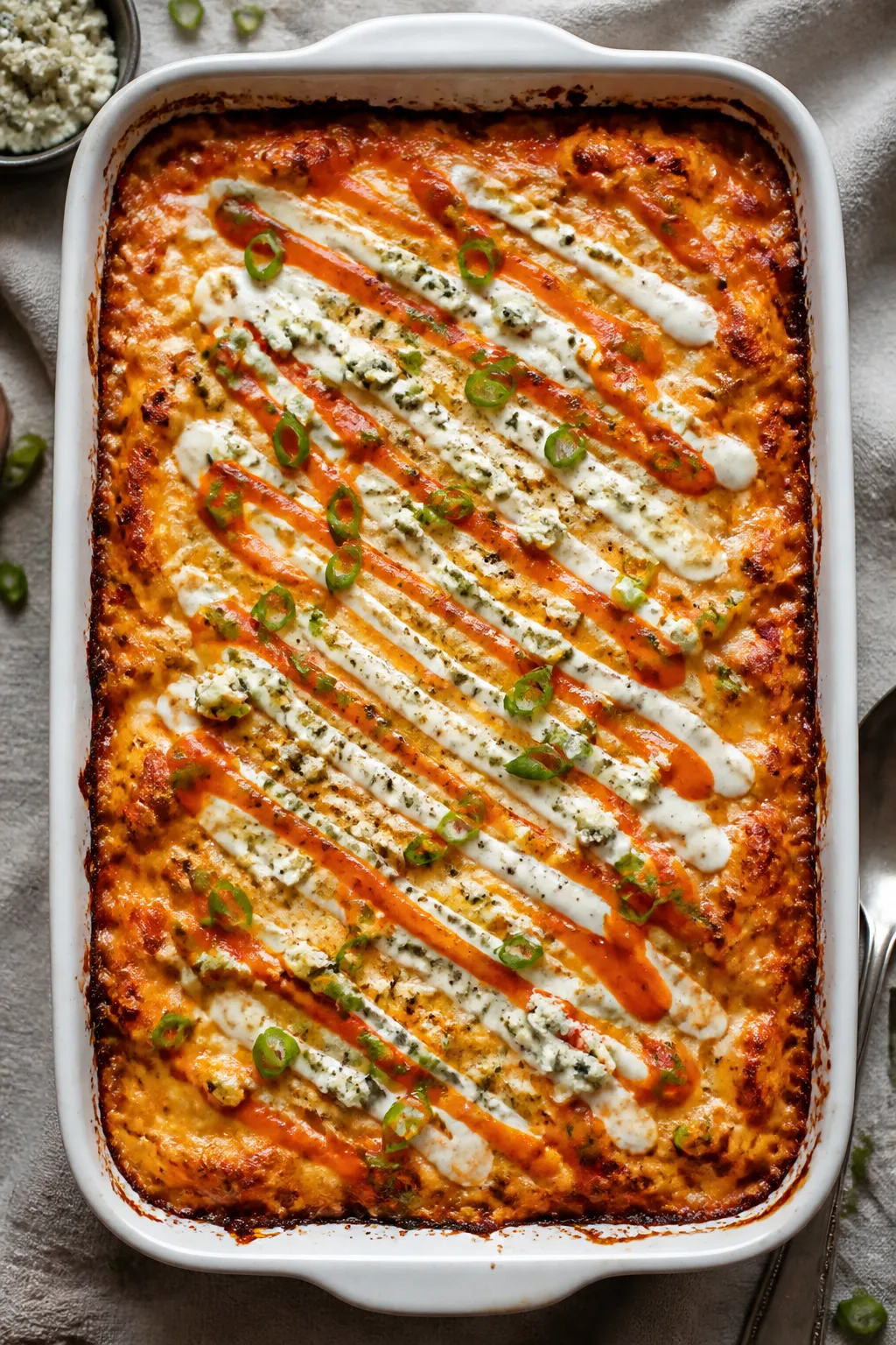 Tasty top-view â Freshly baked High Protein Buffalo Chicken Casserole just out of the oven: overhe