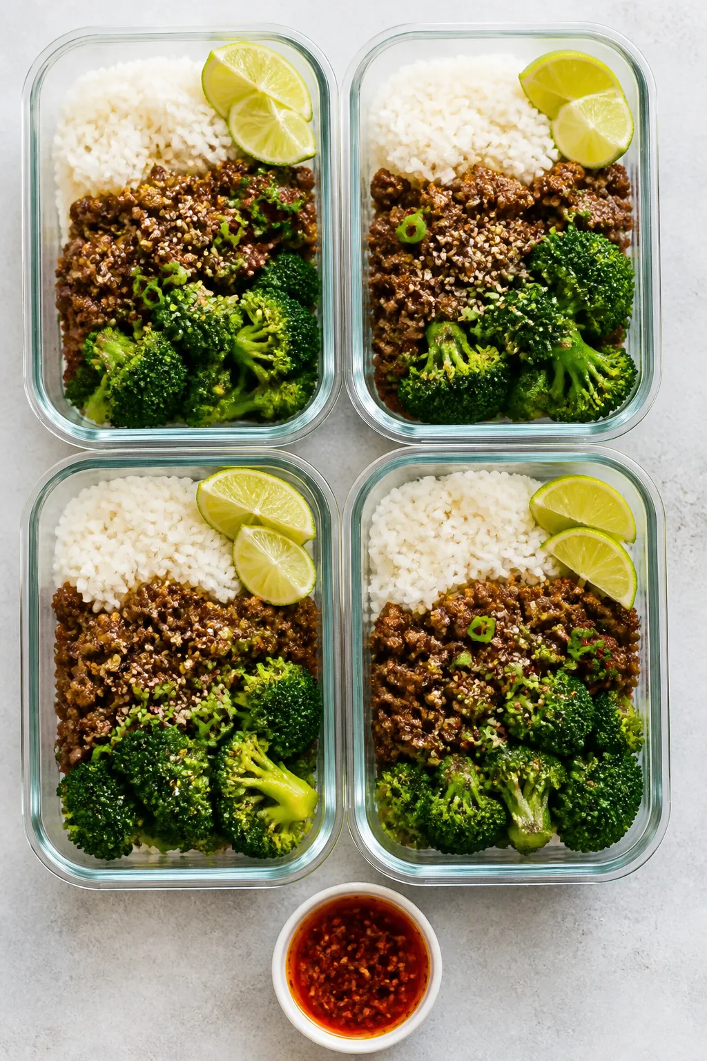 Tasty top view (meal prep assembly): Overhead shot of four neatly arranged meal prep containers on a