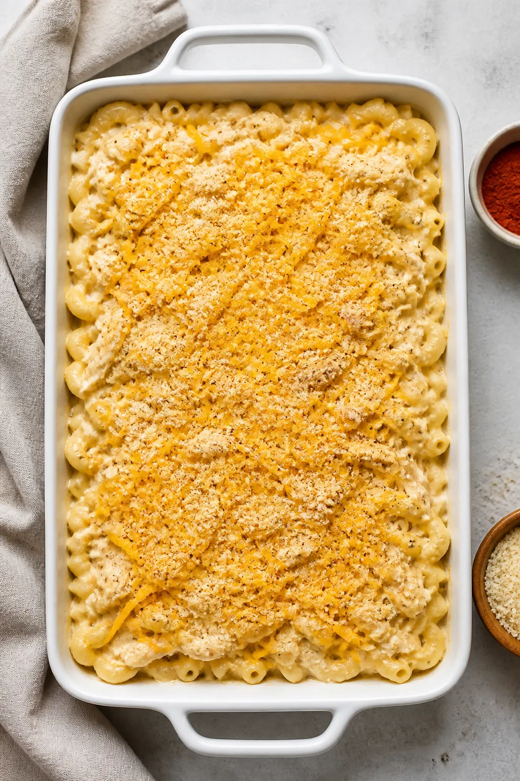 Tasty top view of assembly: Overhead shot of the chicken mac and cheese mixture just transferred to