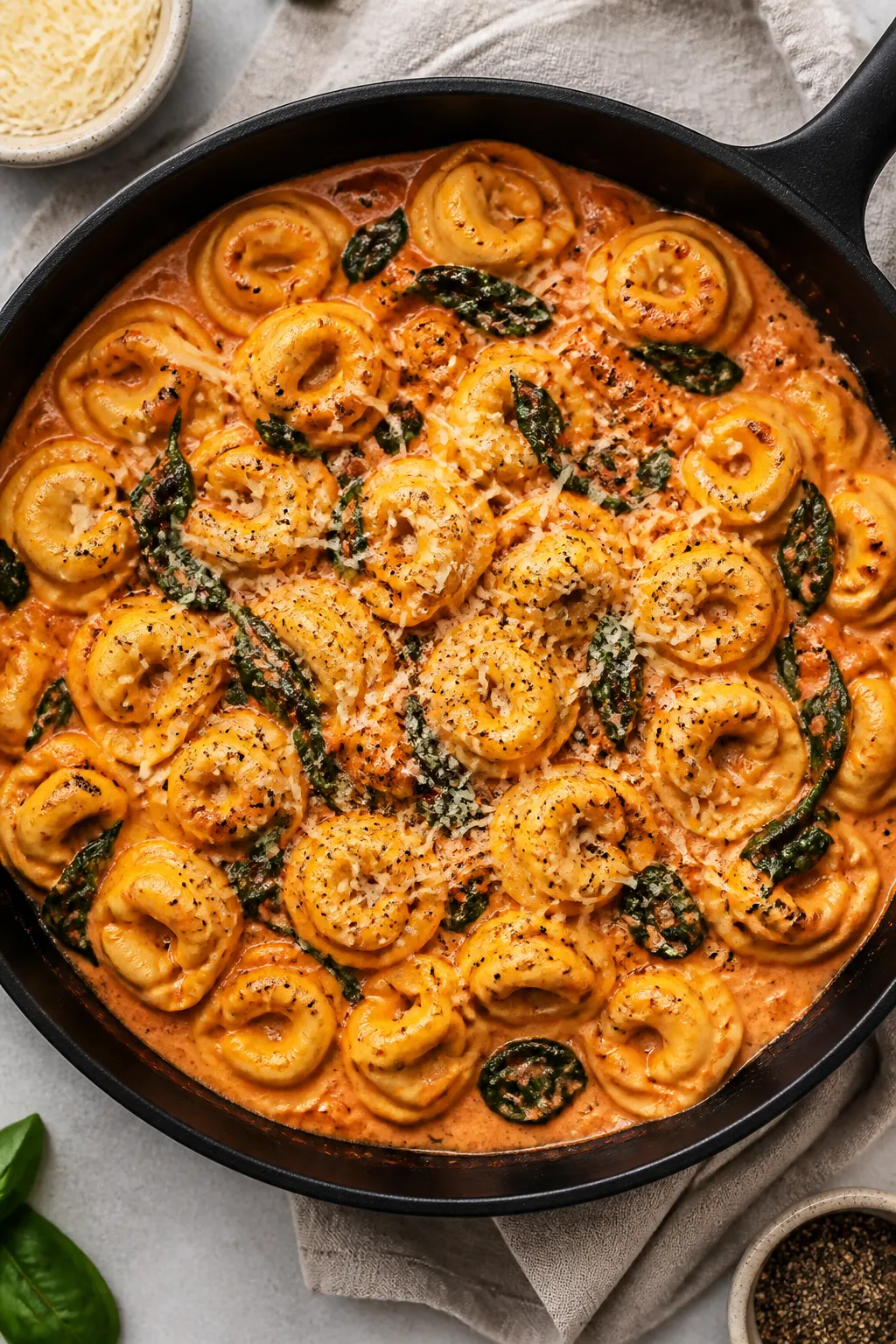 Tasty top view, one-pot moment: Overhead shot of cheese tortellini nestled in a creamy tomato-Parmes
