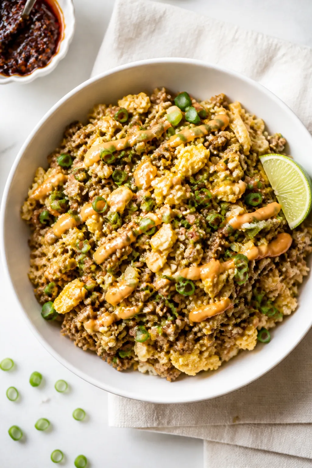 Tasty top view, overhead bowl: Overhead shot of High Protein Hamburger Egg Roll Bowl freshly finishe