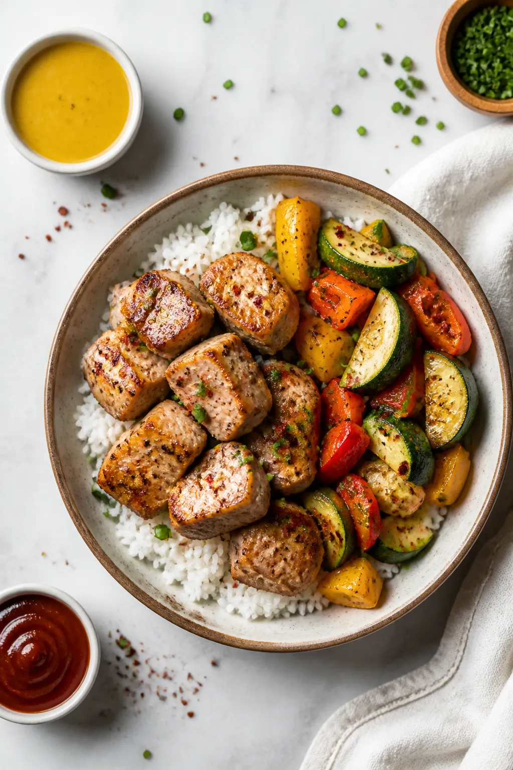 Tasty top view (overhead): Overhead shot of a meal-prep bowl featuring juicy pork tenderloin bites w