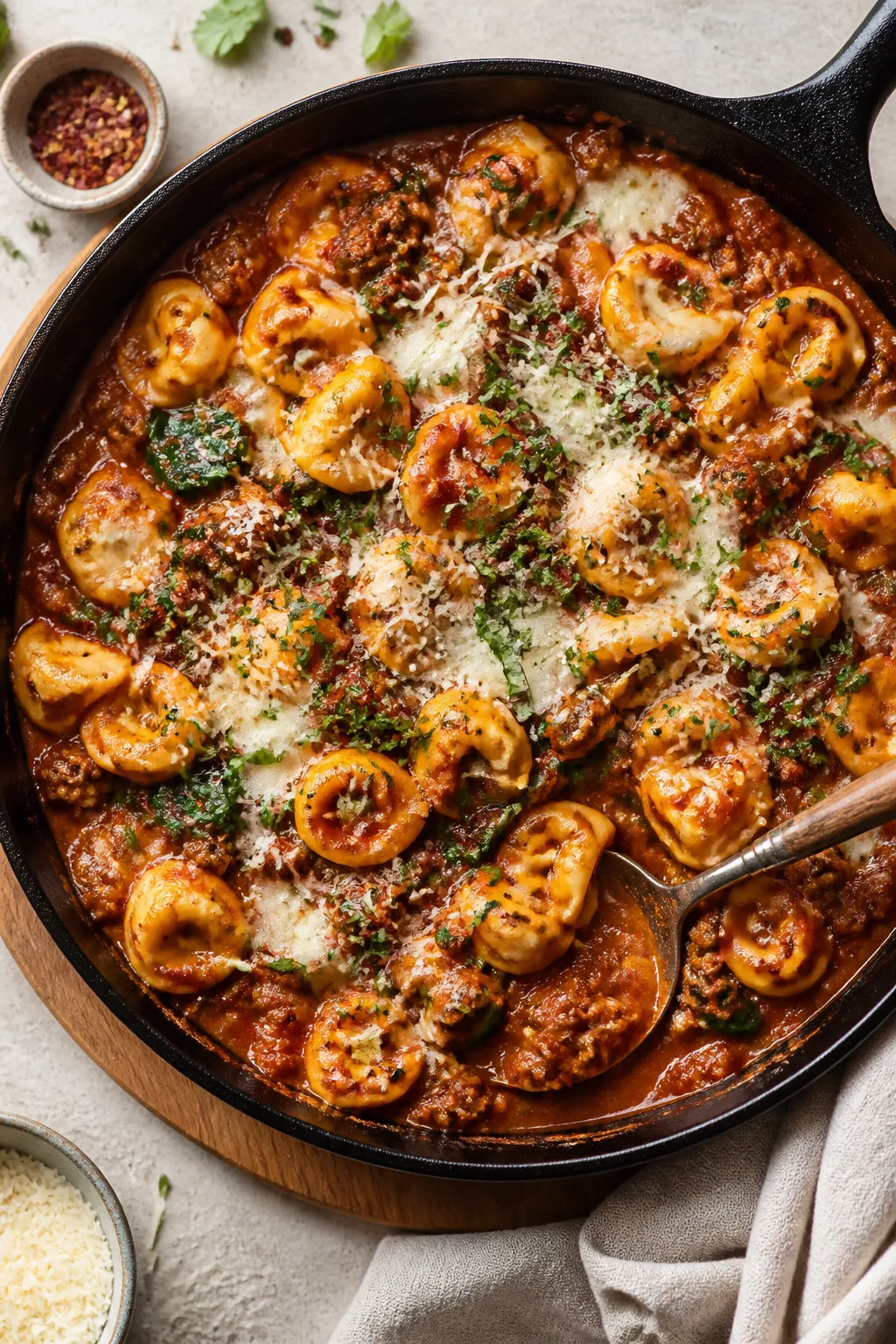 Tasty top view, overhead: Overhead shot of finished High Protein Beef Tortellini Skillet, tortellini