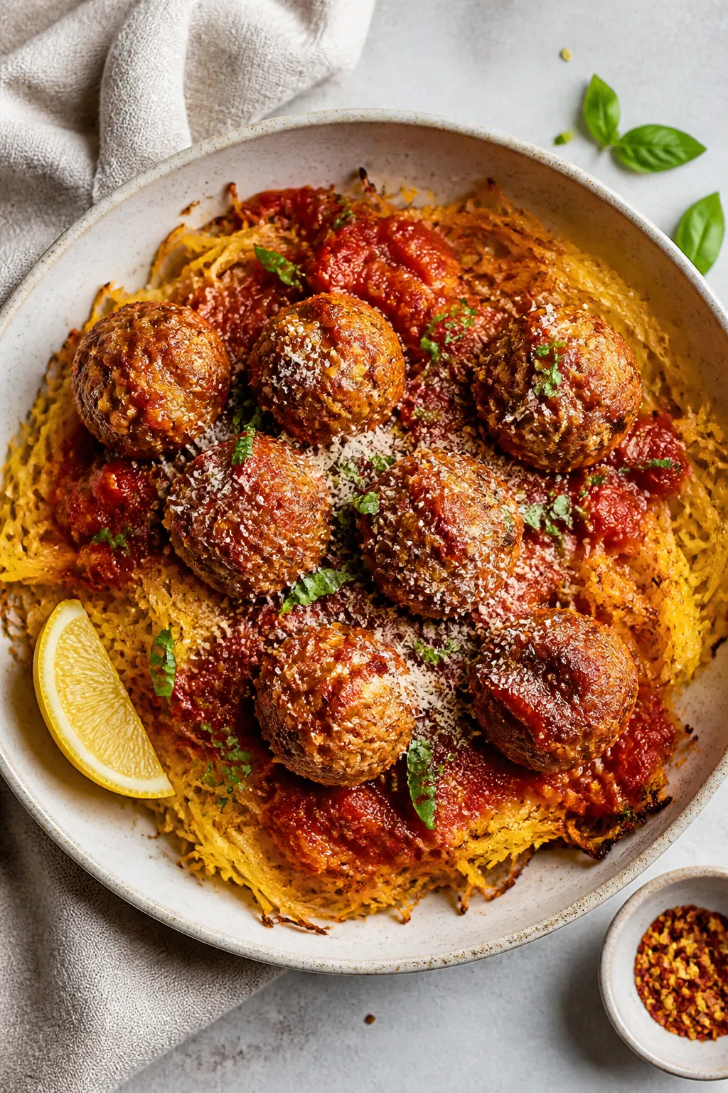 Tasty top view, overhead: Roasted spaghetti squash strands fluffed in a wide, shallow bowl, topped w