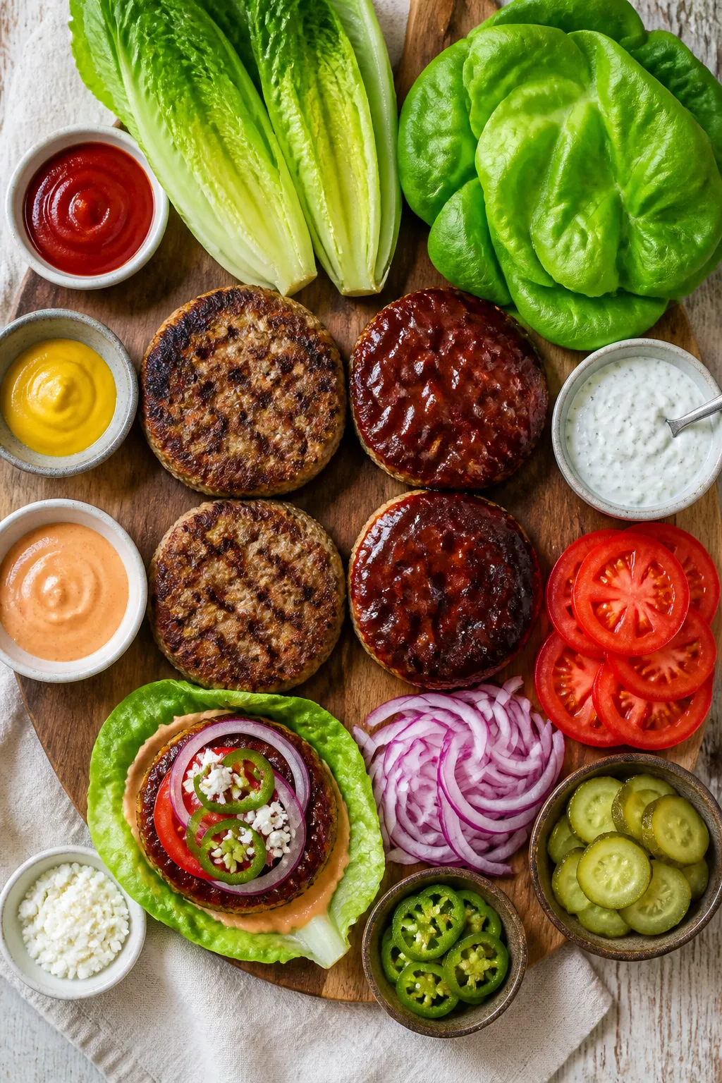 Tasty top view: Overhead shot of a build-your-own lettuce wrap board featuring four cooked patties (