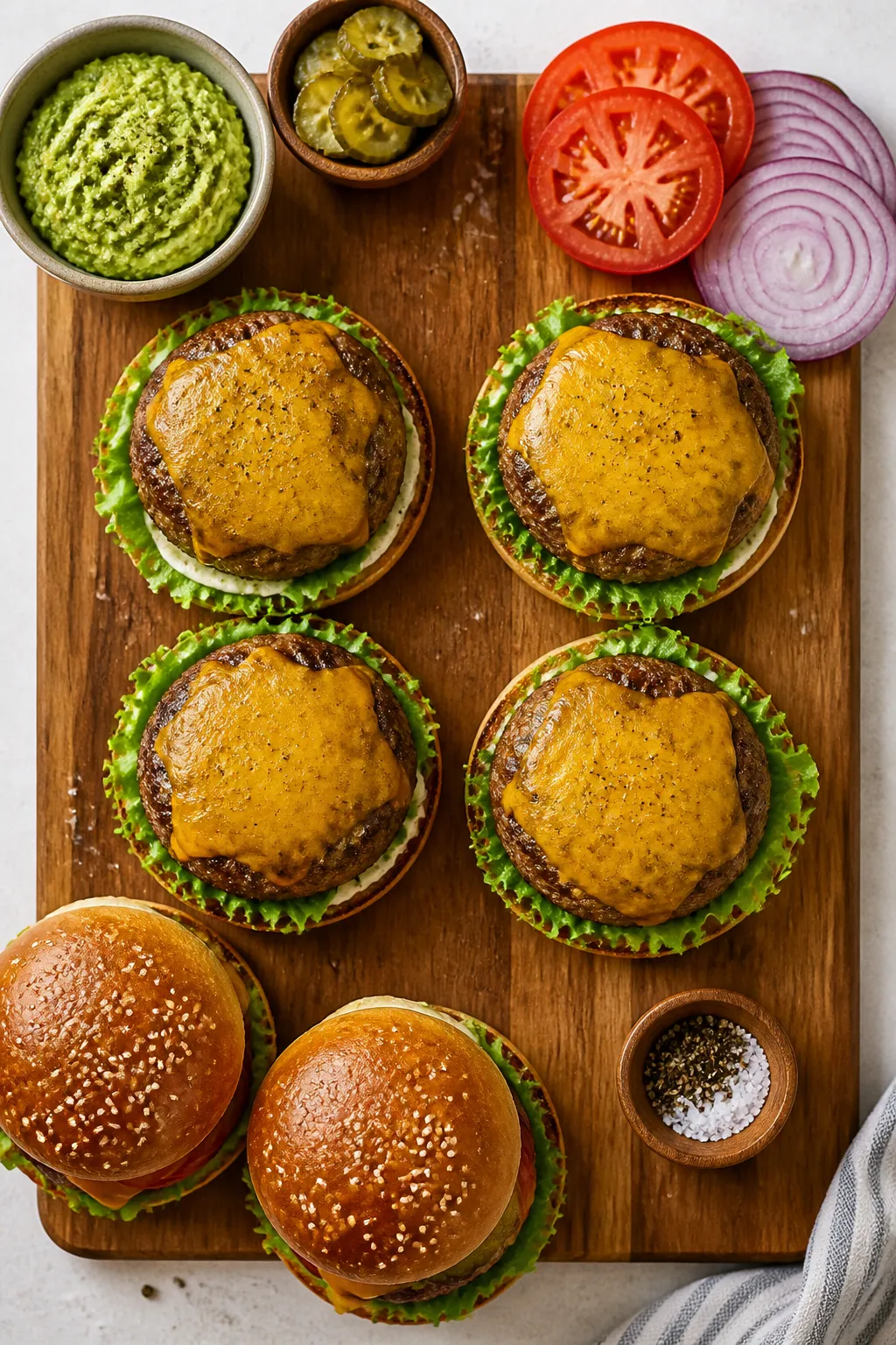 Tasty top view: Overhead shot of a burger assembly board showing four toasted bun bottoms each sprea