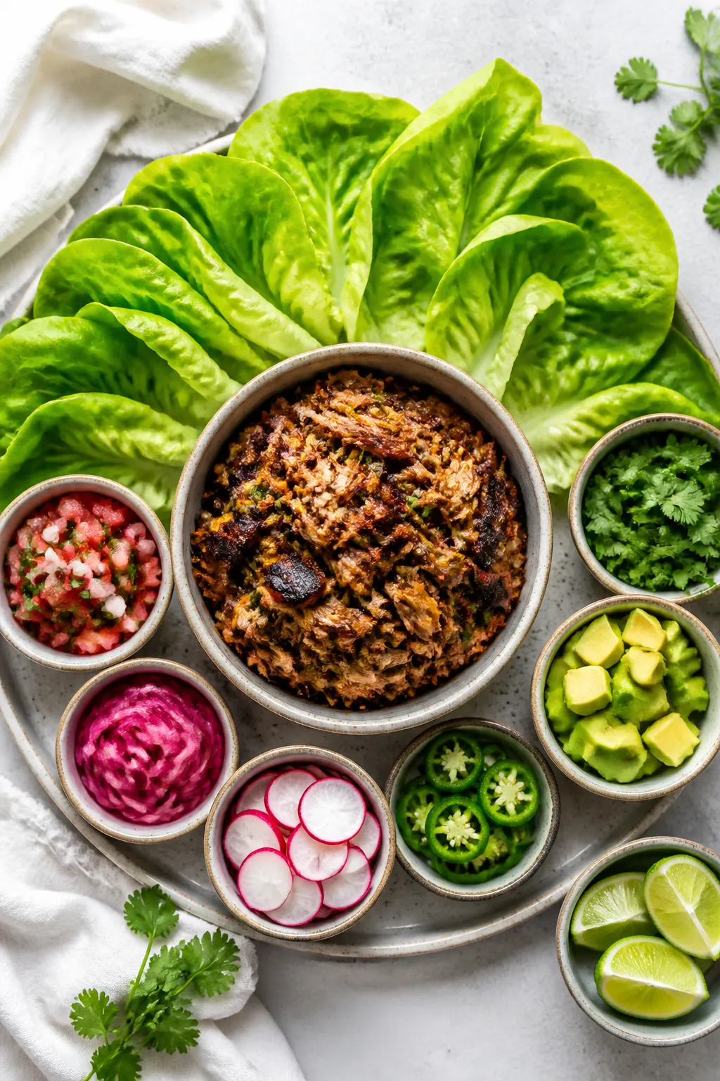 Tasty top view: Overhead shot of a DIY lettuce wrap platter—butter lettuce cups fanned out around