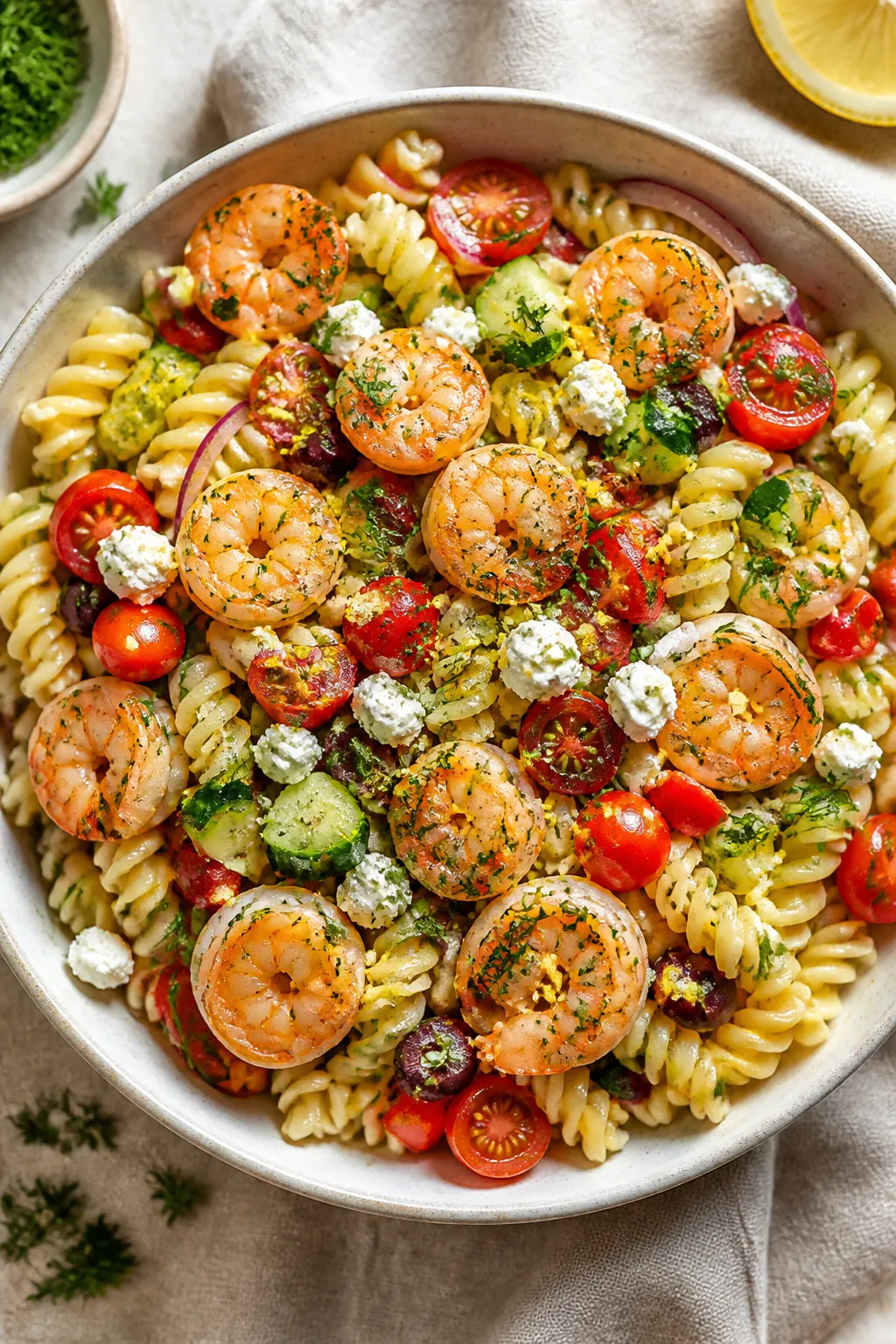 Tasty top view: Overhead shot of a large bowl of Garlic Shrimp Pasta Salad with rotini, plump seared
