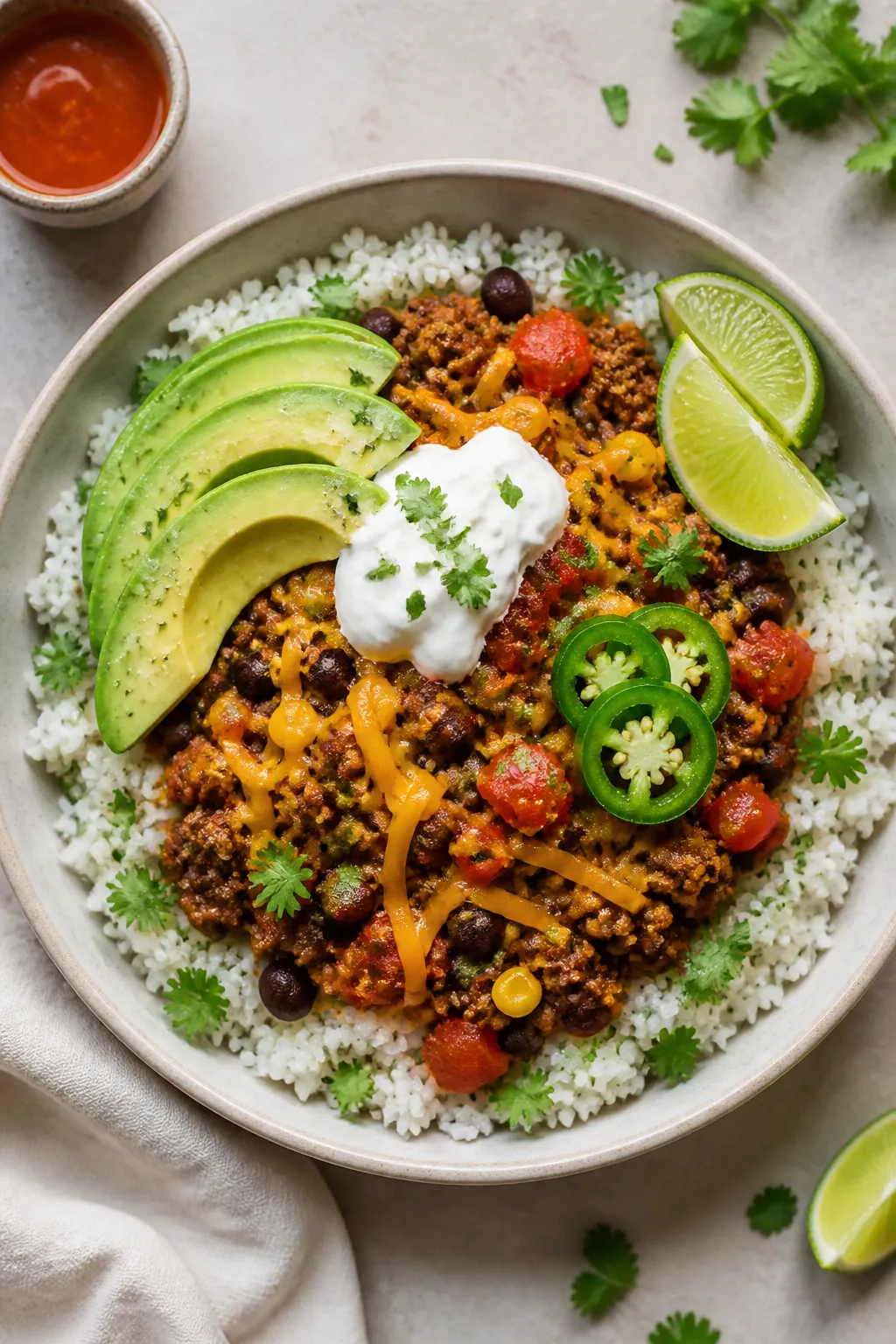 Tasty top view: Overhead shot of assembled Ground Beef Taco Protein Bowls on a neutral ceramic bowl 