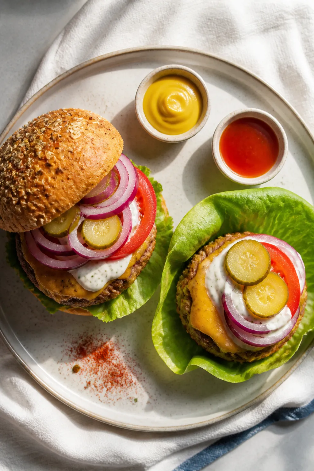 Tasty top view: Overhead shot of assembled high-protein burger on a whole-grain bun, stacked with le
