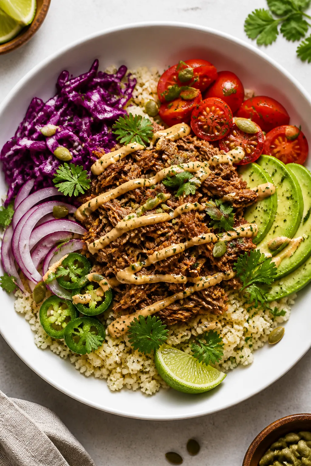 Tasty top view: Overhead shot of assembled Low Carb Pulled Pork Bowl on a wide matte-white bowl—ba