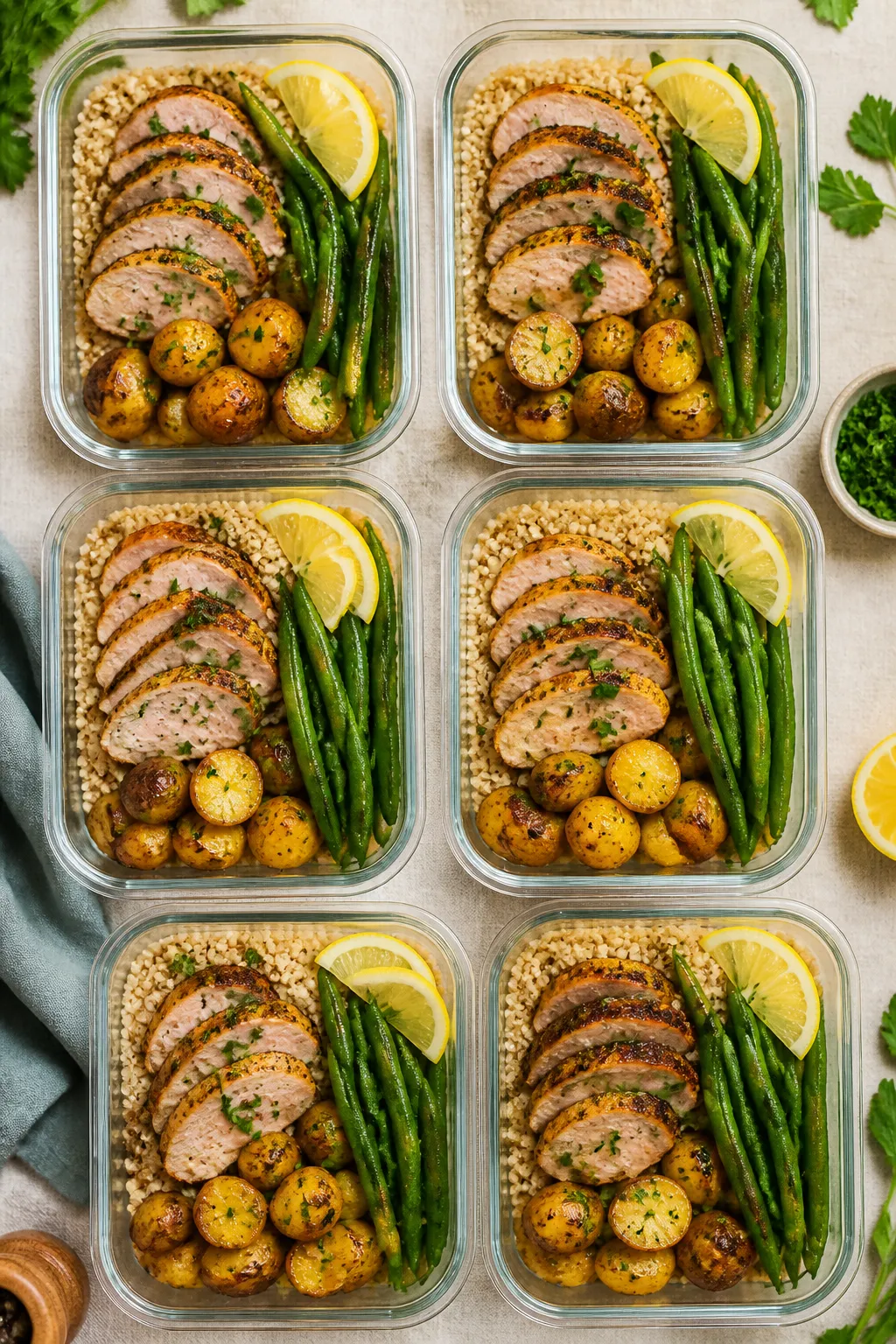 Tasty top view: Overhead shot of assembled meal prep containers (5–6) neatly portioned—slices of