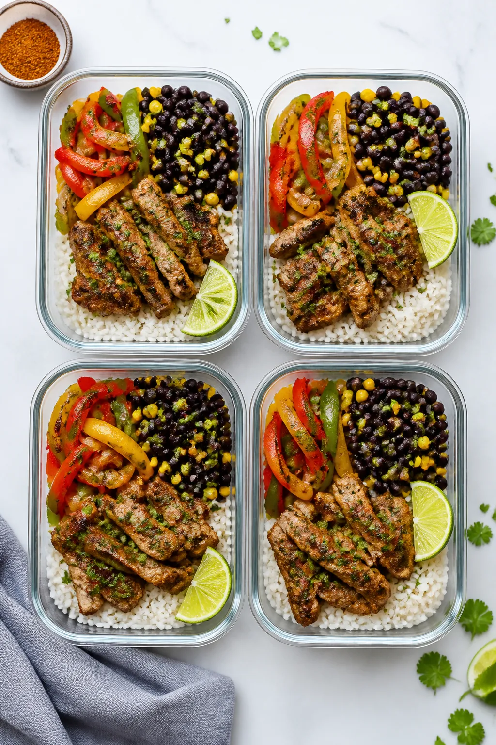 Tasty top view: Overhead shot of assembled Pork Fajita Meal Prep Bowls, four containers neatly arran