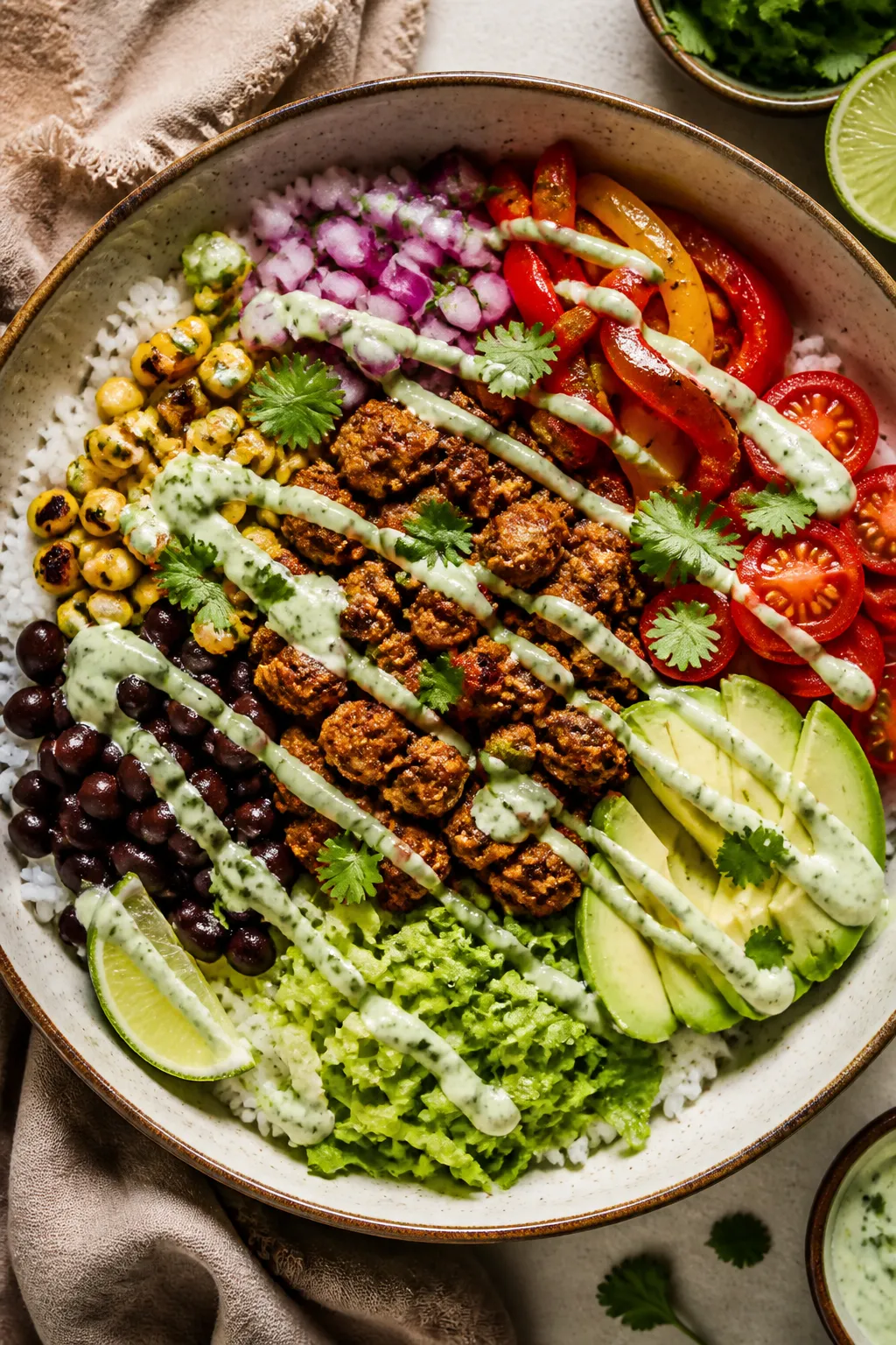 Tasty top view: Overhead shot of assembled Protein-Packed Pork Taco Bowlâfluffy white rice base to