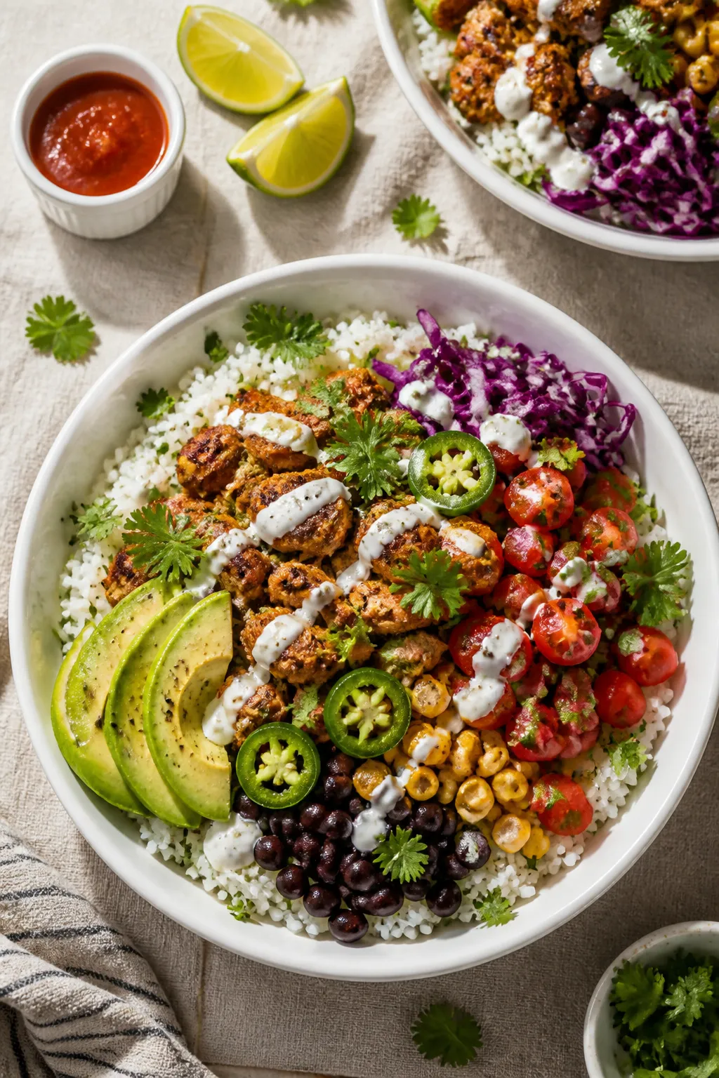 Tasty top view: Overhead shot of assembled Protein-Packed Pork Taco Bowlsâcilantro-lime rice base