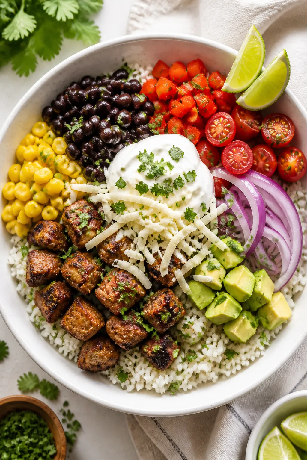 Tasty top view: Overhead shot of assembled Protein-Packed Pork Burrito Bowl in a wide, matte white b