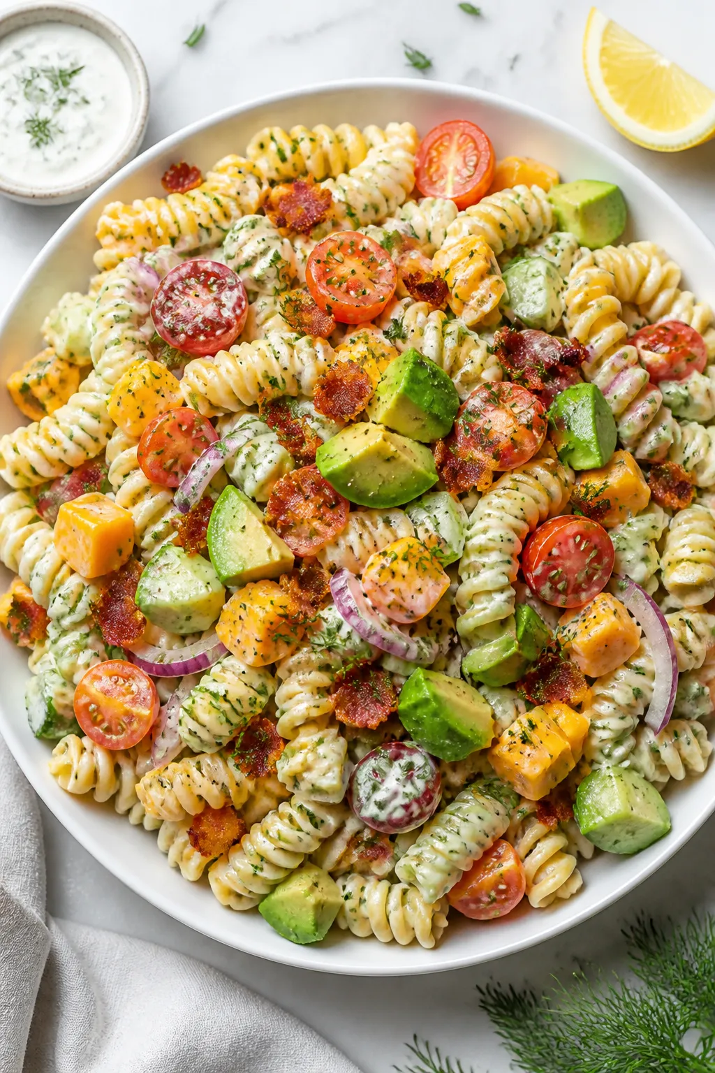 Tasty top view: Overhead shot of Avocado Bacon Ranch Pasta Salad in a wide, shallow white bowl—rot