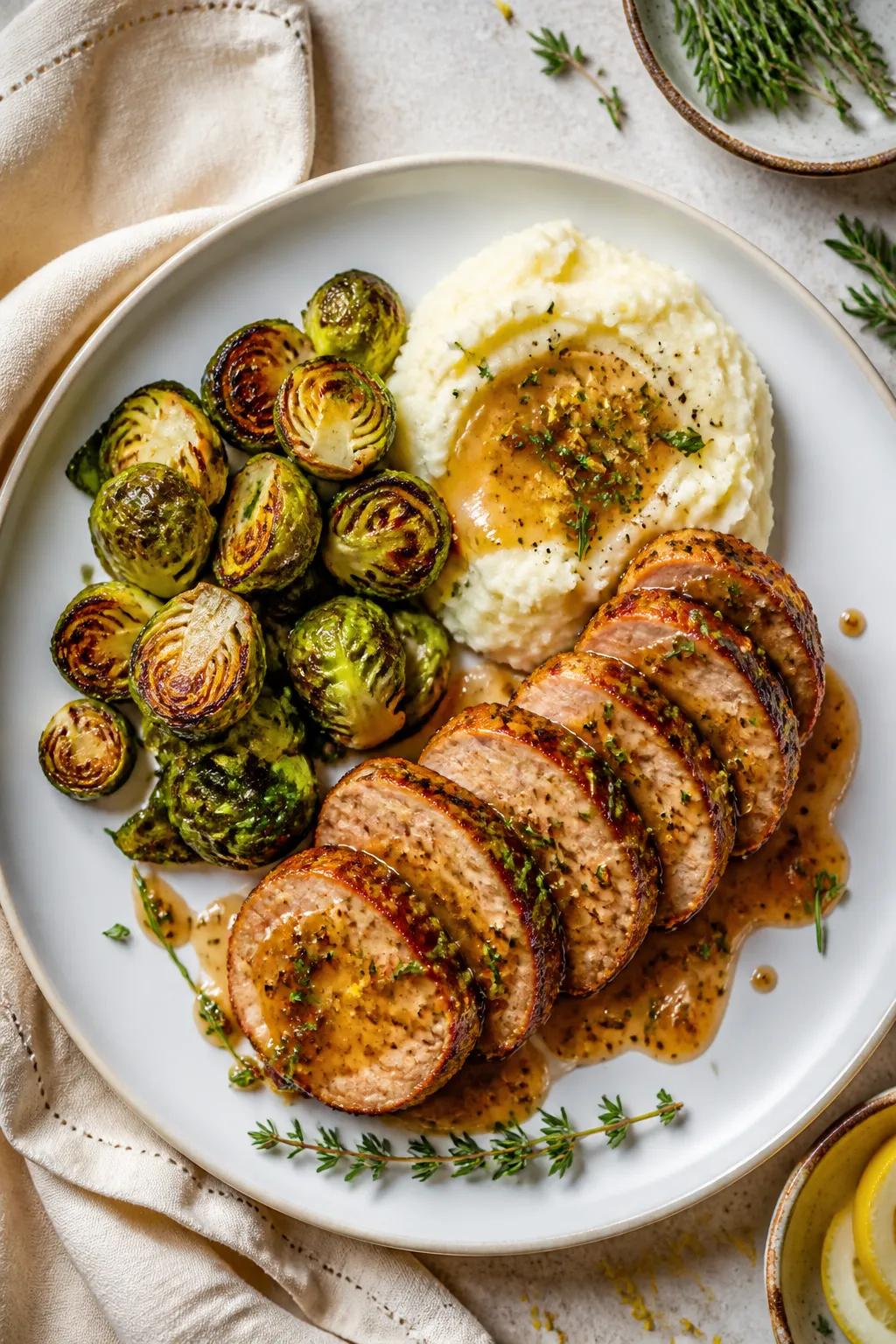Tasty top view: Overhead shot of beautifully plated maple Dijon pork tenderloin medallions fanned on