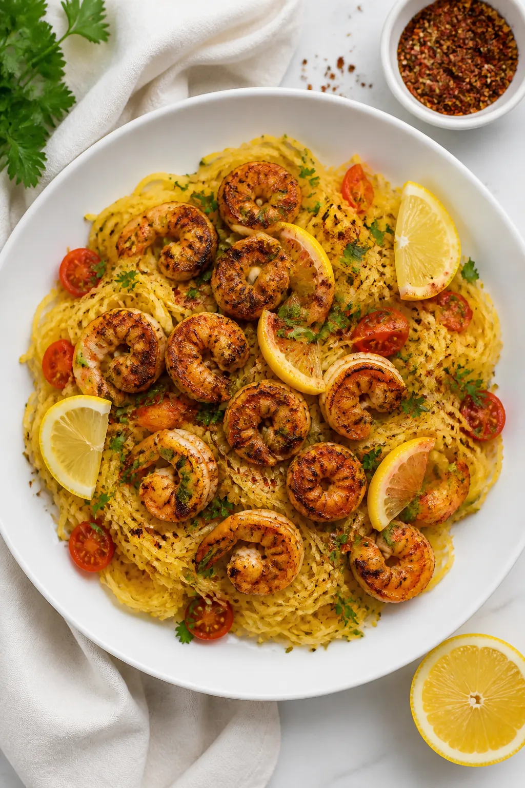 Tasty top view: Overhead shot of Blackened Shrimp Spaghetti Squash tossed together in a wide, shallo