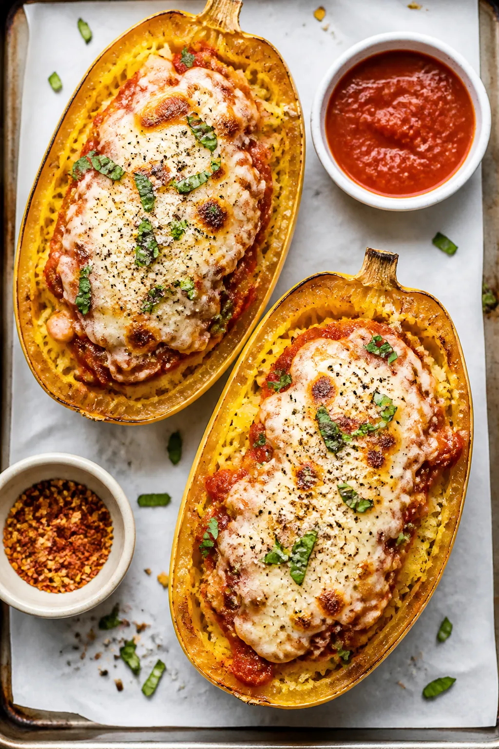 Tasty top view: Overhead shot of “boat style” High Protein Chicken Parmesan Spaghetti Squash—r
