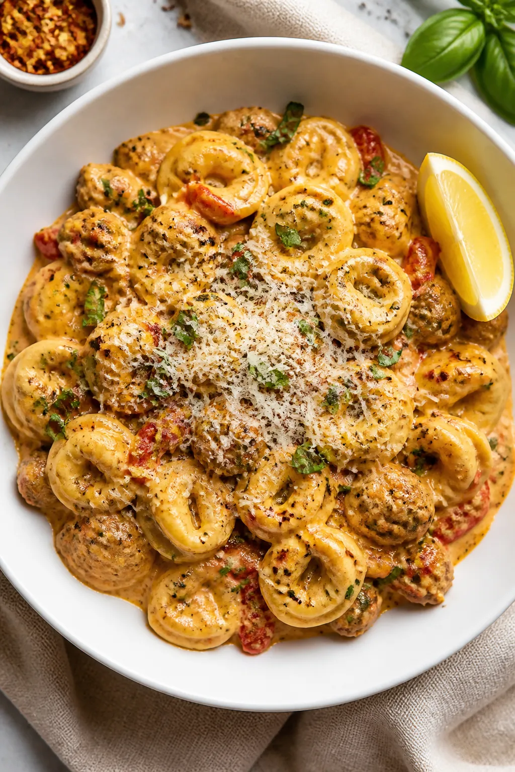 Tasty top view: Overhead shot of cheese tortellini tossed in the creamy, garlicky sausage-and-roaste